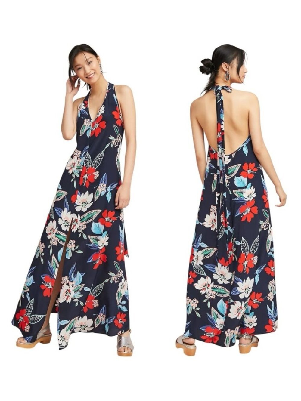 Yumi Kim Silk Hibiscus Maxi Dress Floral V-Neck Adjustable Straps Women’s Medium